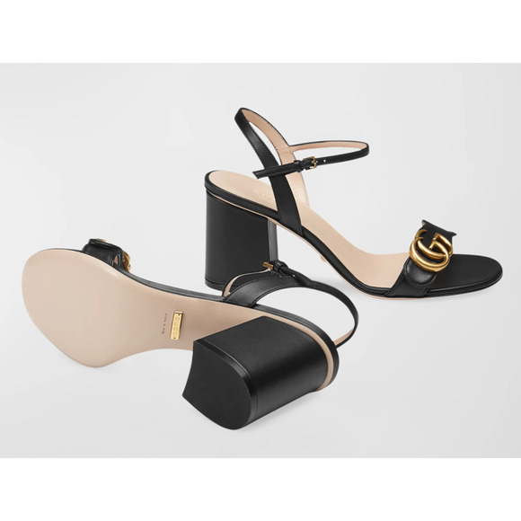 Gucci Marmont Black Leather Gold GG Logo Block Heel Ankle Strap Pump Sandal 40 - Picture 5 of 13